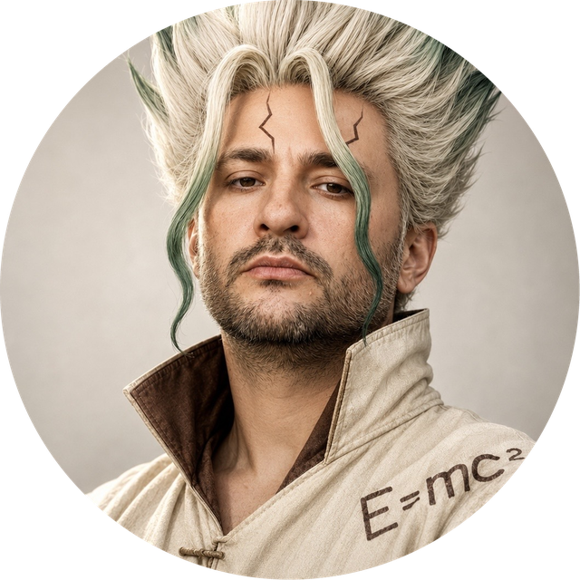 Oleg Malkov in Senku costume: spiked white and green hair, a crack drawn across the forehead, and a cream tunic marked E=mc squared.